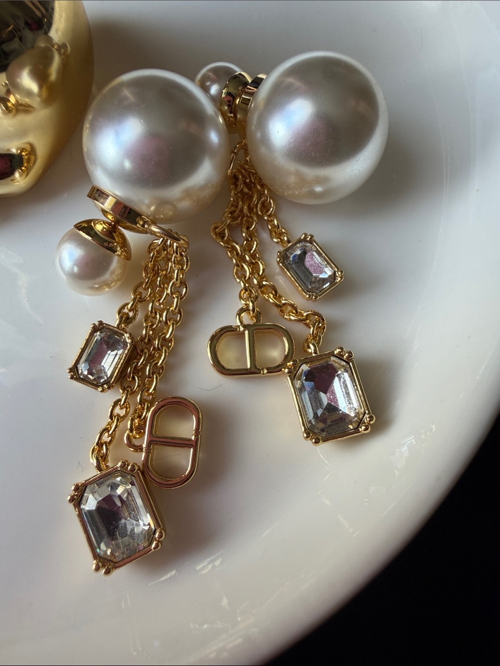 Gold & Pearl Drop Earrings with Clear Crystal Accents